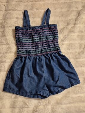 Picapino,Navy Smocked Denim Romper with Pink & Green Stitching